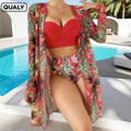Conjunto Biquíni 3 Peças Feminino com Saída de Praia Estampa Tropical Ferrazi